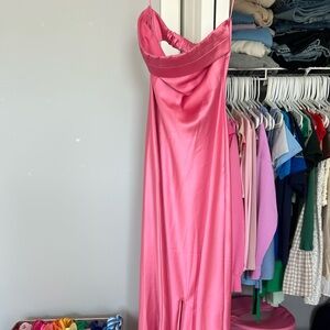 Pretty pink, satin, strapless prom dress